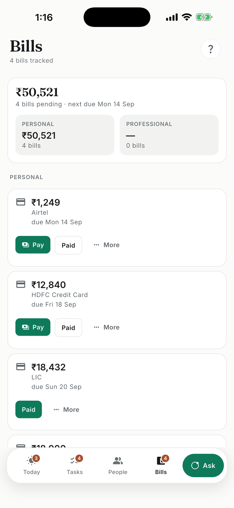 The Bills tab: bills with amounts, due dates and a Pay button
