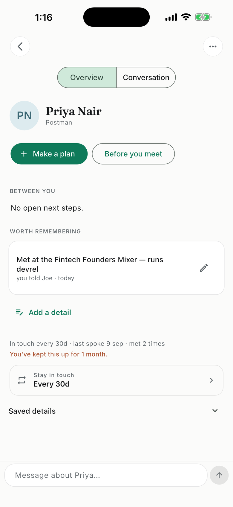A person’s page with saved details, important dates and open next steps