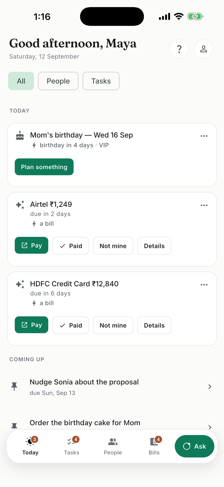 The Today tab: upcoming dates, reminders and open commitments